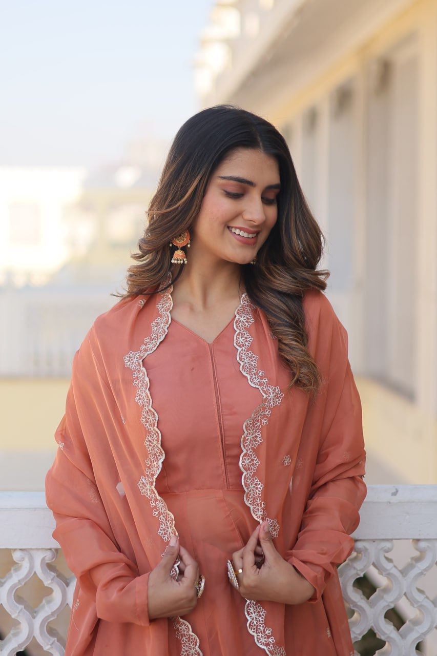 Peach Premium Readymade Russian Silk Kurti Pant Dupatta Set - Graceful & Elegant ClothsVilla