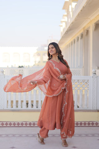 Peach Premium Readymade Russian Silk Kurti Pant Dupatta Set - Graceful & Elegant ClothsVilla