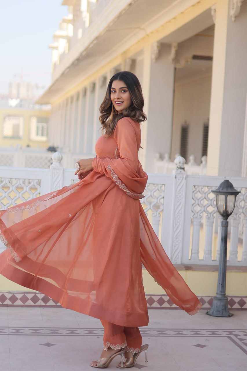 Peach Premium Readymade Russian Silk Kurti Pant Dupatta Set - Graceful & Elegant ClothsVilla