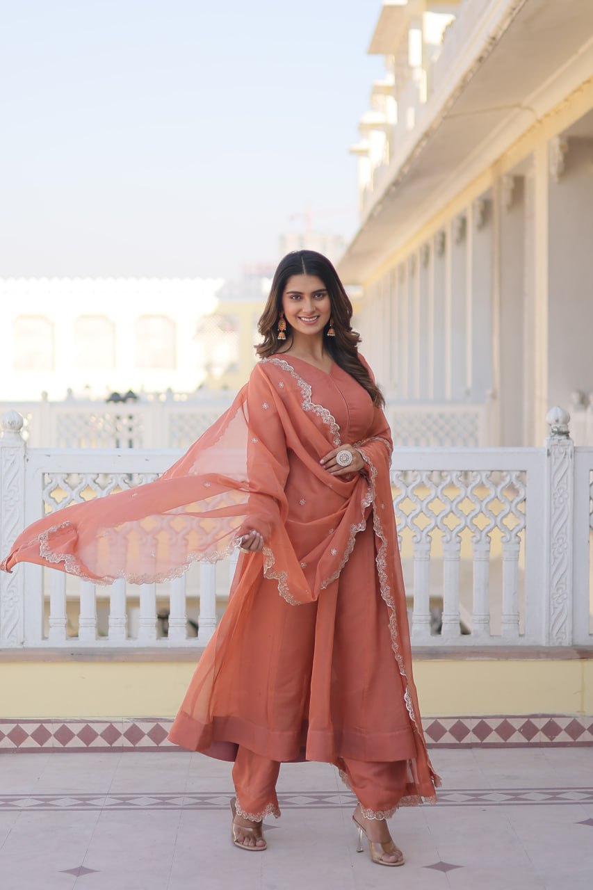 Peach Premium Readymade Russian Silk Kurti Pant Dupatta Set - Graceful & Elegant ClothsVilla