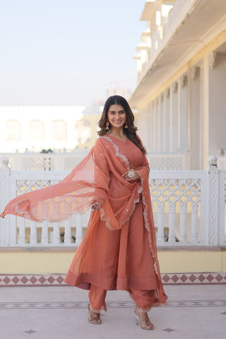Peach Premium Readymade Russian Silk Kurti Pant Dupatta Set - Graceful & Elegant ClothsVilla
