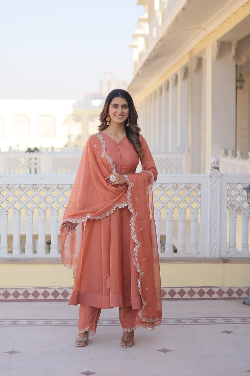 Peach Premium Readymade Russian Silk Kurti Pant Dupatta Set - Main Image