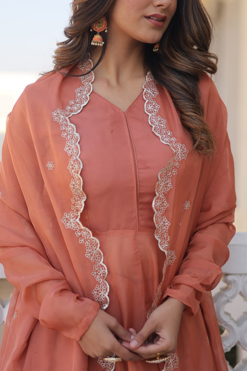 Peach Premium Readymade Russian Silk Kurti Pant Dupatta Set - Graceful & Elegant ClothsVilla