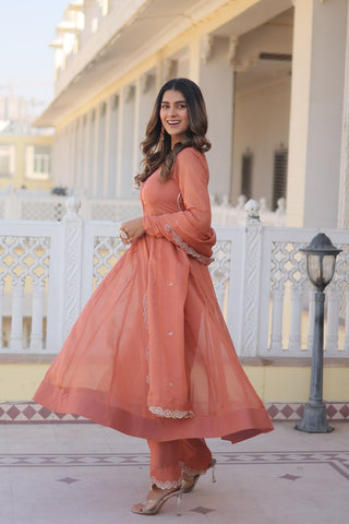Peach Premium Readymade Russian Silk Kurti Pant Dupatta Set - Graceful & Elegant ClothsVilla