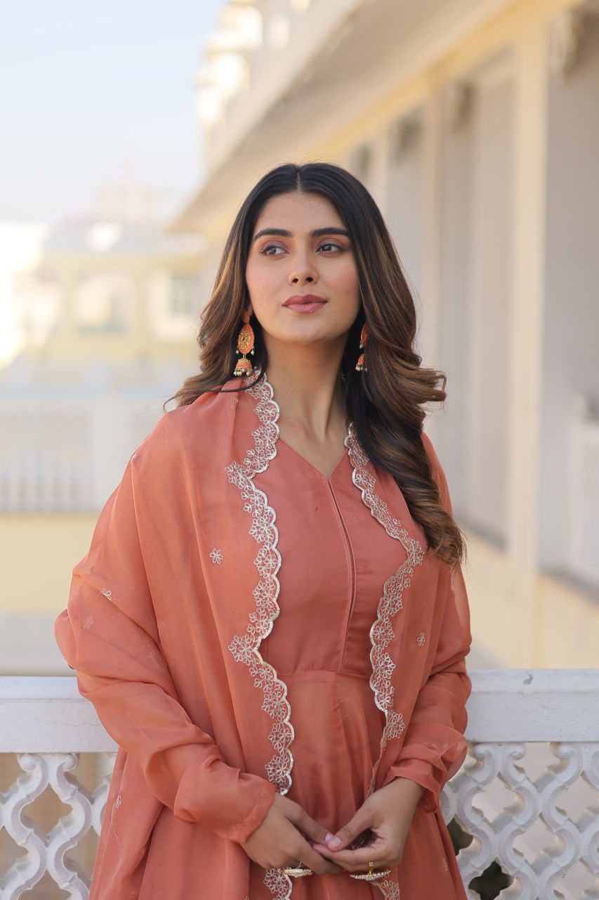 Peach Premium Readymade Russian Silk Kurti Pant Dupatta Set - Graceful & Elegant ClothsVilla