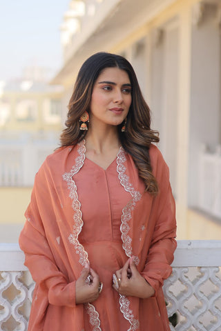 Peach Premium Readymade Russian Silk Kurti Pant Dupatta Set - Graceful & Elegant ClothsVilla