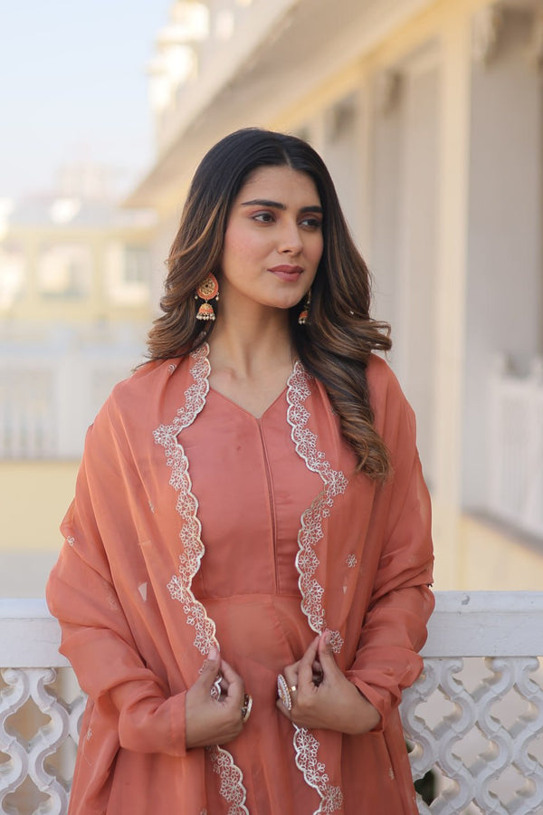 Peach Premium Readymade Russian Silk Kurti Pant Dupatta Set - Graceful & Elegant ClothsVilla