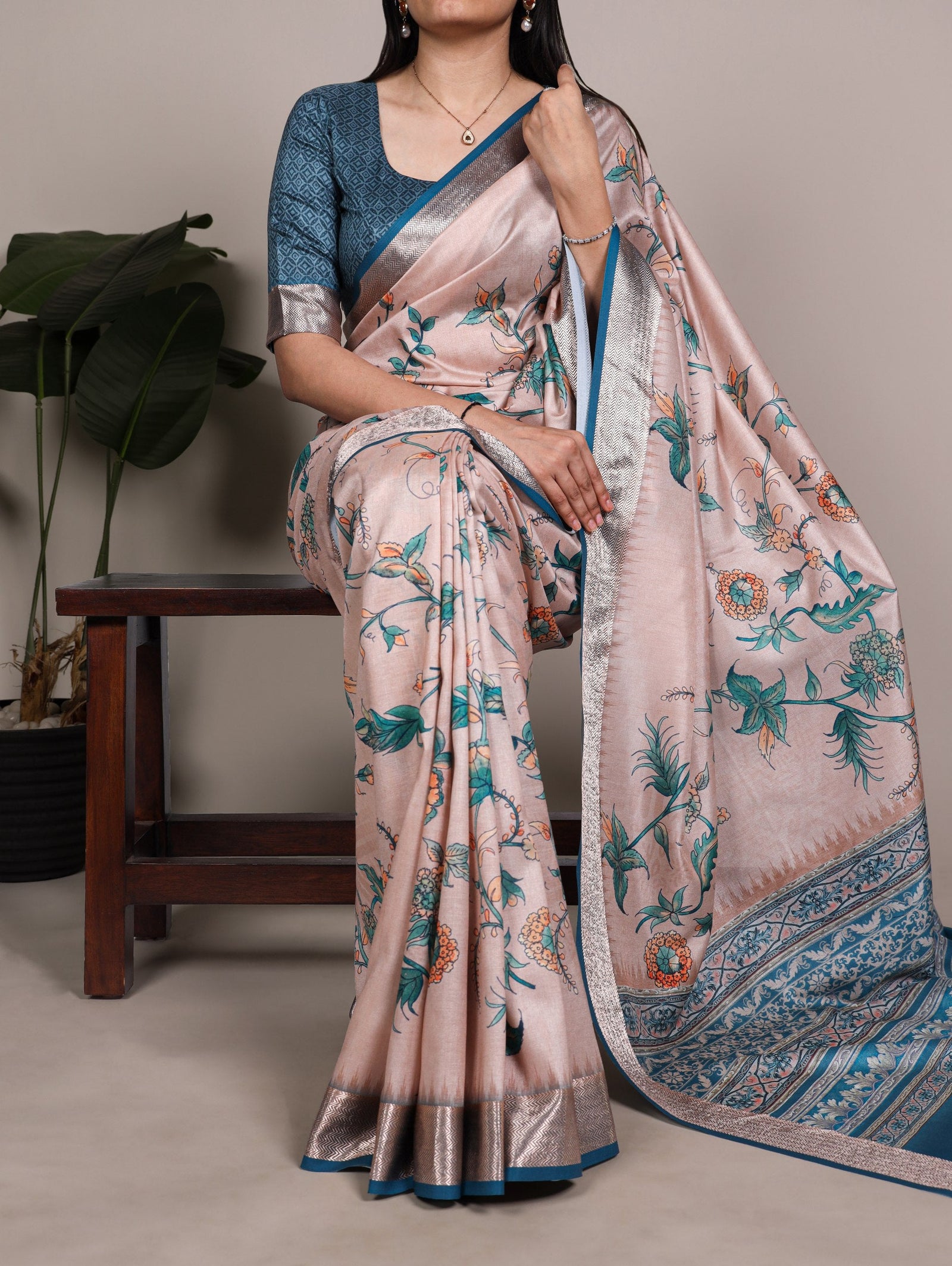 Peach Printed Tasar Silk Saree ClothsVilla