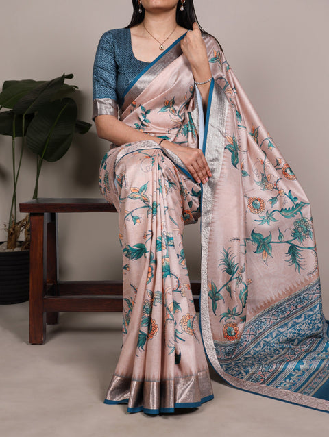 Peach Printed Tasar Silk Saree ClothsVilla Main image