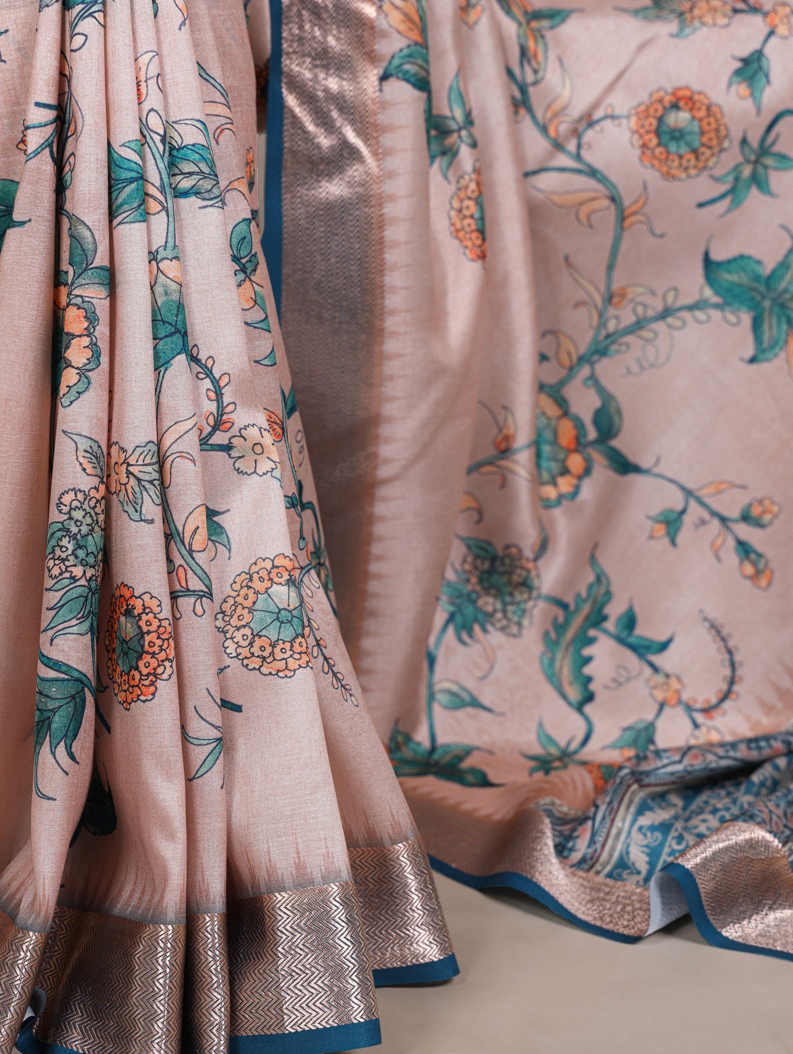Peach Printed Tasar Silk Saree ClothsVilla
