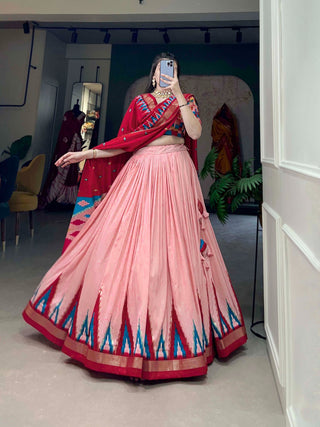 Luxurious Peach Printed Tussar Silk Lehenga Choli with Foil Work - Set of 3 ClothsVilla