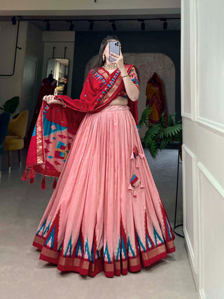Luxurious Peach Printed Tussar Silk Lehenga Choli with Foil Work - Set of 3 ClothsVilla