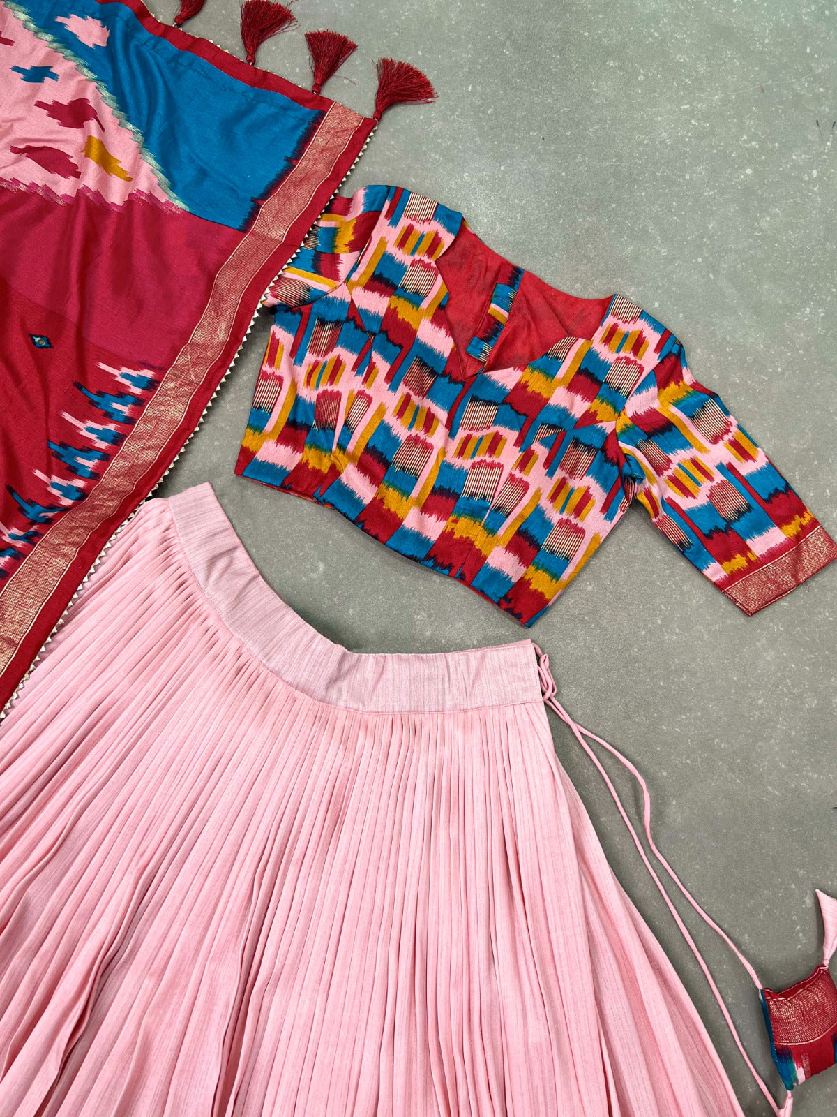 Luxurious Peach Printed Tussar Silk Lehenga Choli with Foil Work - Set of 3 ClothsVilla