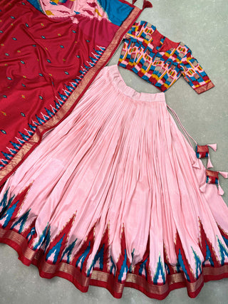 Luxurious Peach Printed Tussar Silk Lehenga Choli with Foil Work - Set of 3 ClothsVilla