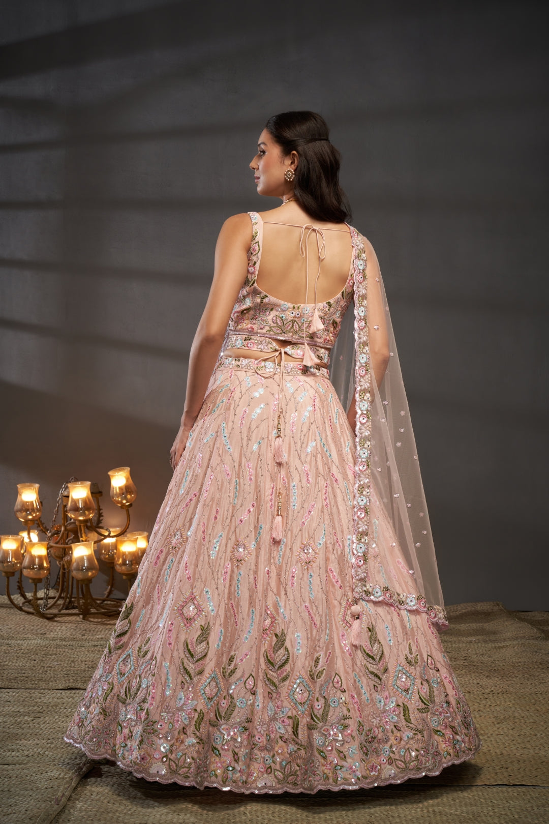 Peach Pure Chiffon Lehenga Choli Set with Mirror, Zardosi & Sequin Work ClothsVilla