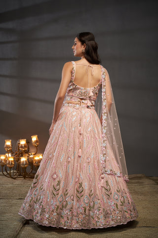 Peach Pure Chiffon Lehenga Choli Set with Mirror, Zardosi & Sequin Work ClothsVilla