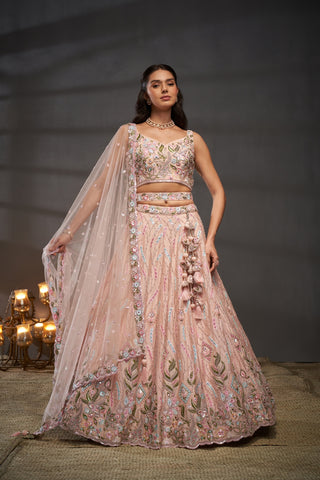 Peach Pure Chiffon Lehenga Choli Set with Mirror, Zardosi & Sequin Work ClothsVilla