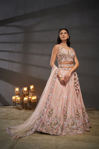 Peach Pure Chiffon Lehenga Choli Set with Mirror, Zardosi & Sequin Work ClothsVilla