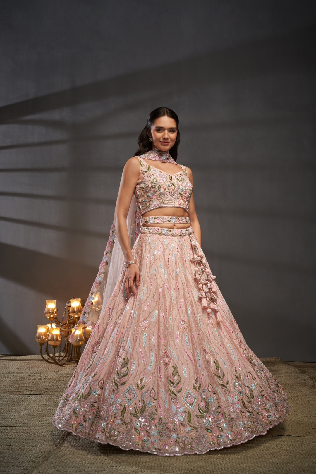Peach Pure Chiffon Lehenga Choli Set with Mirror, Zardosi & Sequin Work ClothsVilla