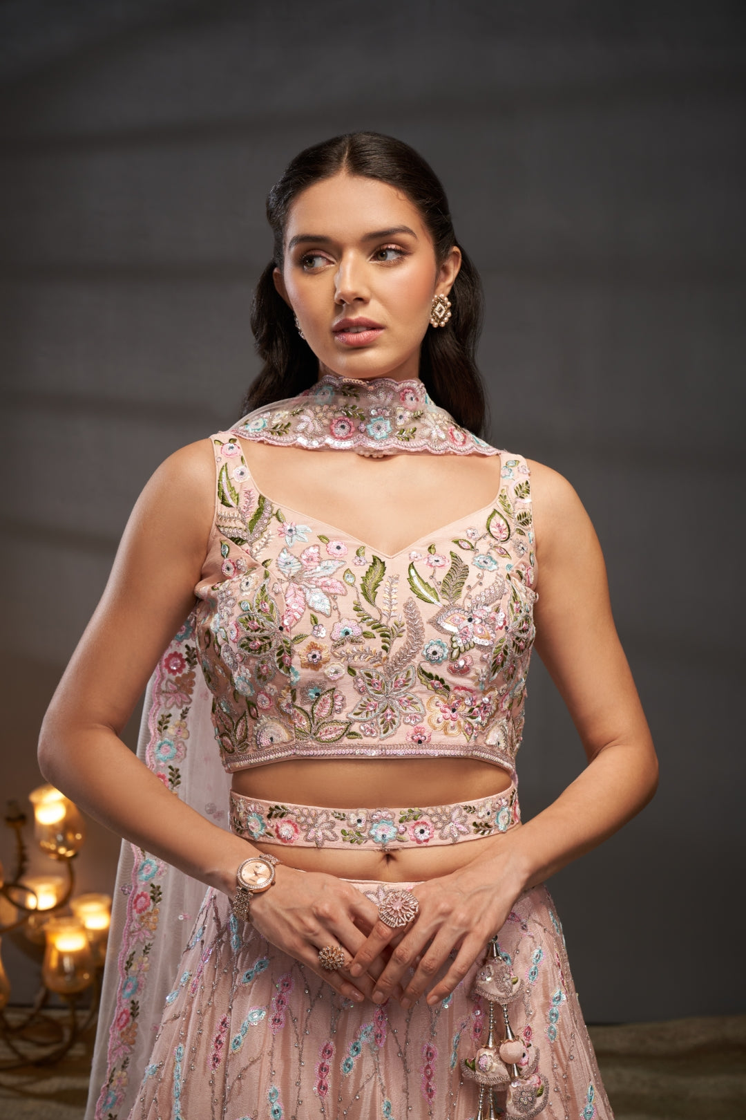 Peach Pure Chiffon Lehenga Choli Set with Mirror, Zardosi & Sequin Work ClothsVilla