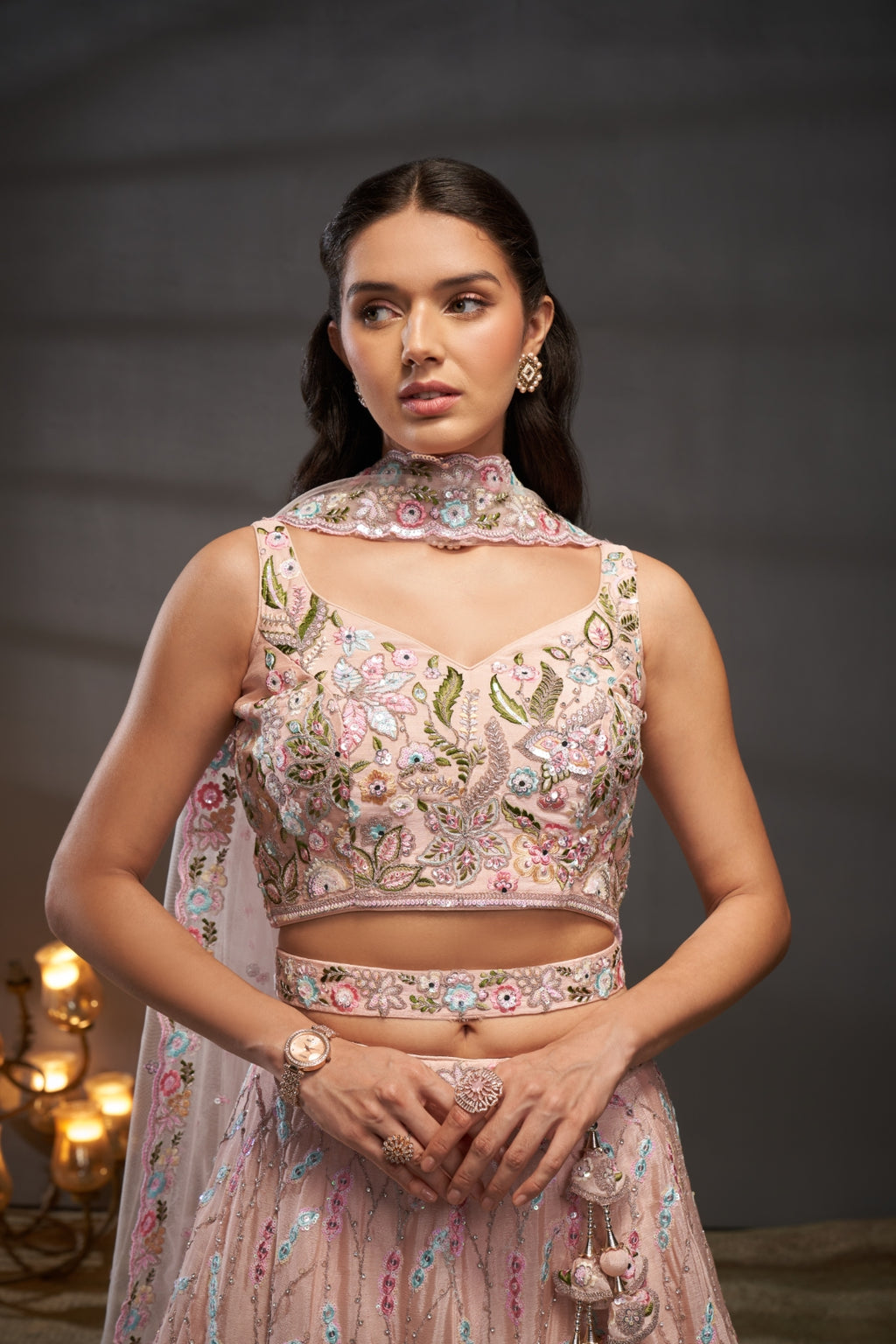 Peach Pure Chiffon Lehenga Choli Set with Mirror, Zardosi & Sequin Work ClothsVilla