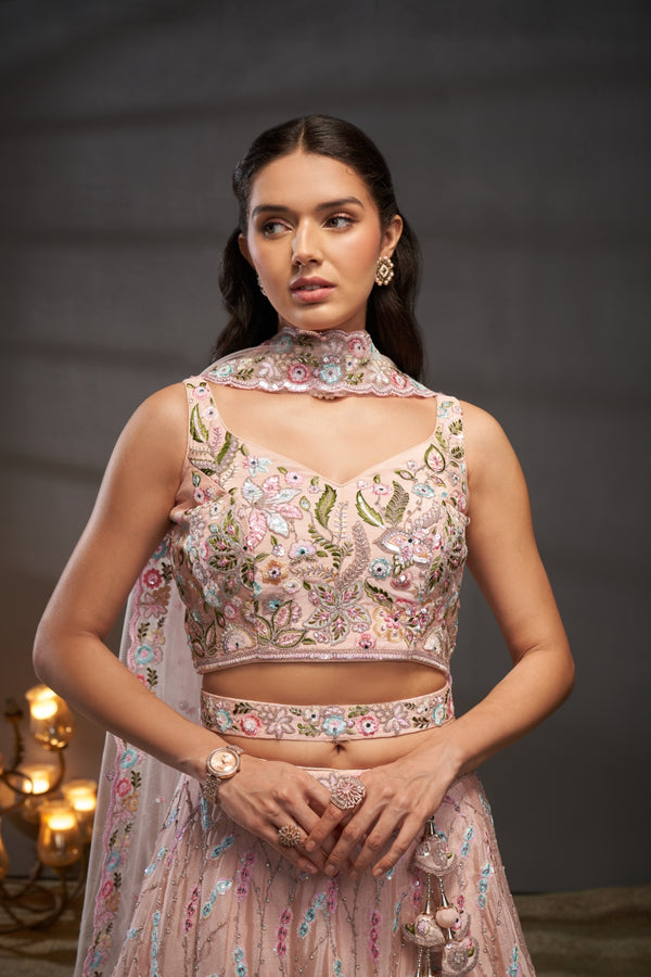 Peach Pure Chiffon Lehenga Choli Set with Mirror, Zardosi & Sequin Work ClothsVilla
