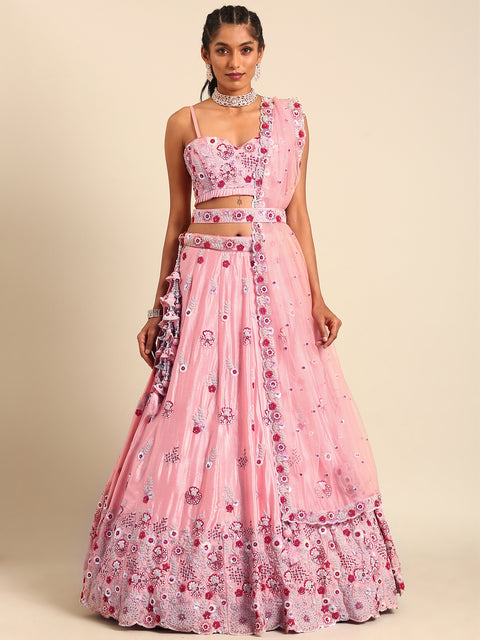 Peach Pure georgette Sequins, Zarkan and thread embroidery Semi-Stitched Lehenga choli & Dupatta Clothsvilla Main image
