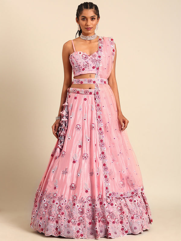 Peach Pure georgette Sequins, Zarkan and thread embroidery Semi-Stitched Lehenga choli & Dupatta Clothsvilla