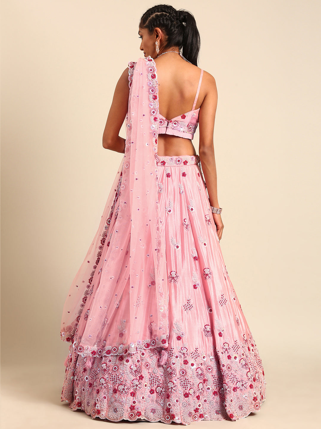 Peach Pure georgette Sequins, Zarkan and thread embroidery Semi-Stitched Lehenga choli & Dupatta Clothsvilla