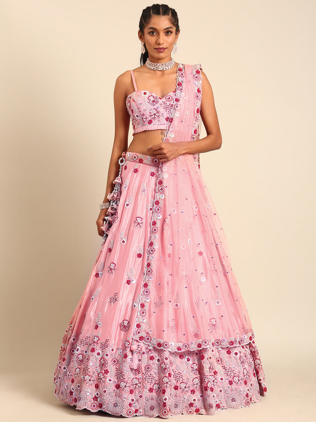 Peach Pure georgette Sequins, Zarkan and thread embroidery Semi-Stitched Lehenga choli & Dupatta Clothsvilla