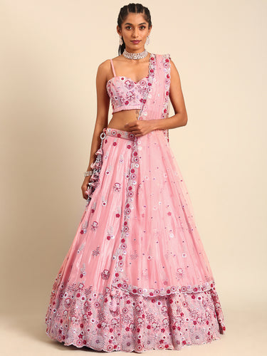 Peach Pure georgette Sequins, Zarkan and thread embroidery Semi-Stitched Lehenga choli & Dupatta Clothsvilla
