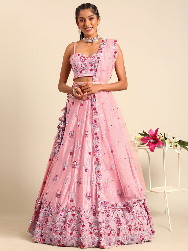 Peach Pure georgette Sequins, Zarkan and thread embroidery Semi-Stitched Lehenga choli & Dupatta Clothsvilla