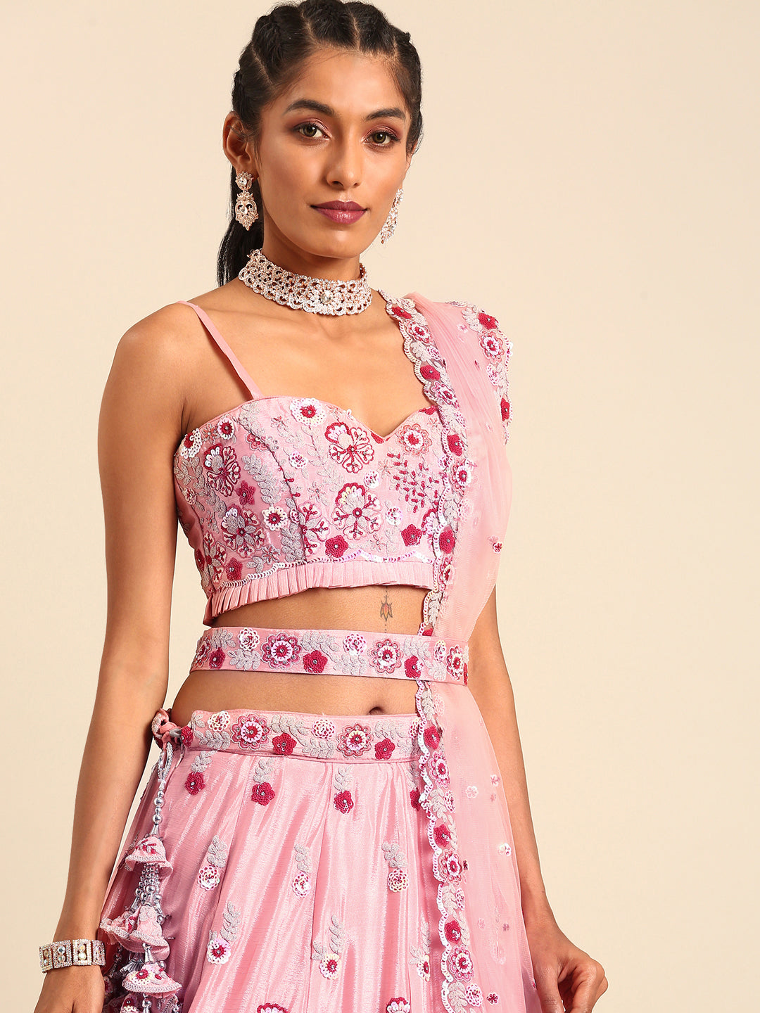 Peach Pure georgette Sequins, Zarkan and thread embroidery Semi-Stitched Lehenga choli & Dupatta Clothsvilla