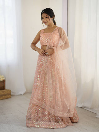 Peach Rainbow Sequins & Dori Embroidered Net Lehenga Set with Tassel Border – 3.5 Meter Flair ClothsVilla