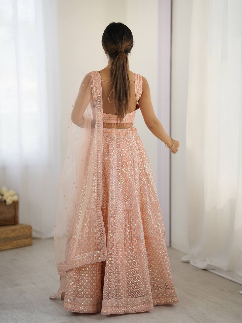 Peach Rainbow Sequins & Dori Embroidered Net Lehenga Set with Tassel Border – 3.5 Meter Flair ClothsVilla