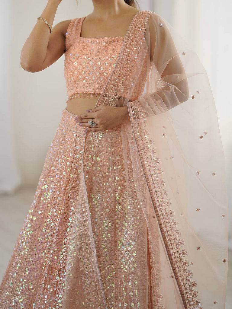 Peach Rainbow Sequins & Dori Embroidered Net Lehenga Set with Tassel Border – 3.5 Meter Flair ClothsVilla