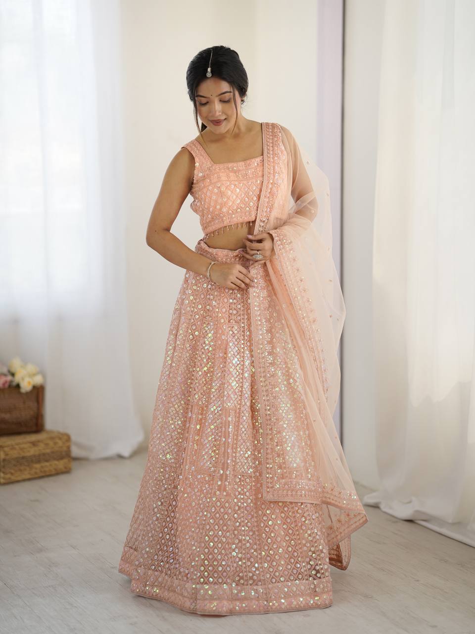 Peach Rainbow Sequins & Dori Embroidered Net Lehenga Set with Tassel Border – 3.5 Meter Flair ClothsVilla Main image