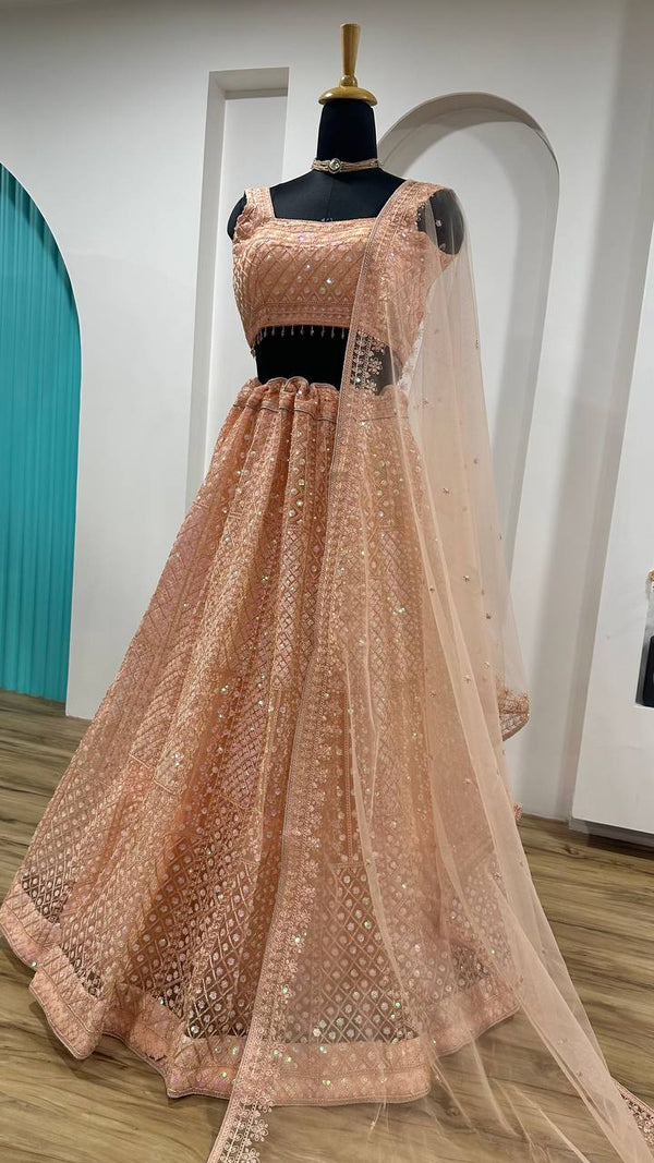 Peach Rainbow Sequins & Dori Embroidered Net Lehenga Set with Tassel Border – 3.5 Meter Flair ClothsVilla