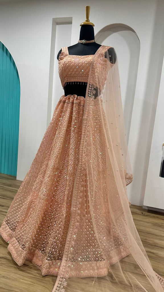 Peach Rainbow Sequins & Dori Embroidered Net Lehenga Set with Tassel Border – 3.5 Meter Flair ClothsVilla
