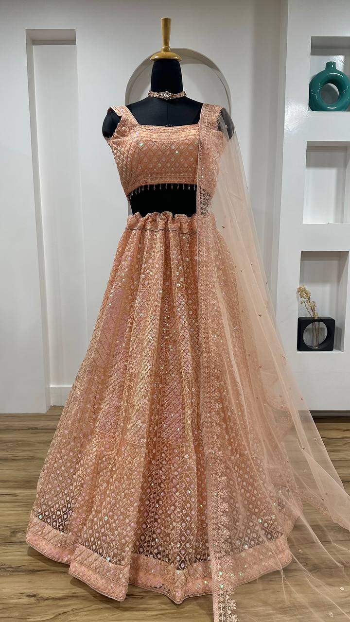 Peach Rainbow Sequins & Dori Embroidered Net Lehenga Set with Tassel Border – 3.5 Meter Flair ClothsVilla