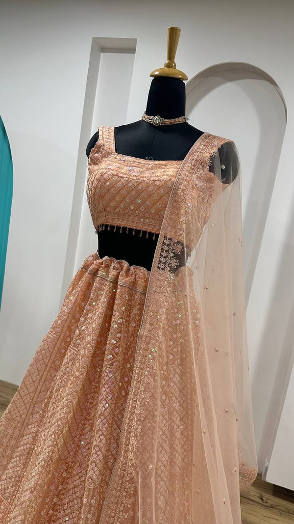 Peach Rainbow Sequins & Dori Embroidered Net Lehenga Set with Tassel Border – 3.5 Meter Flair ClothsVilla