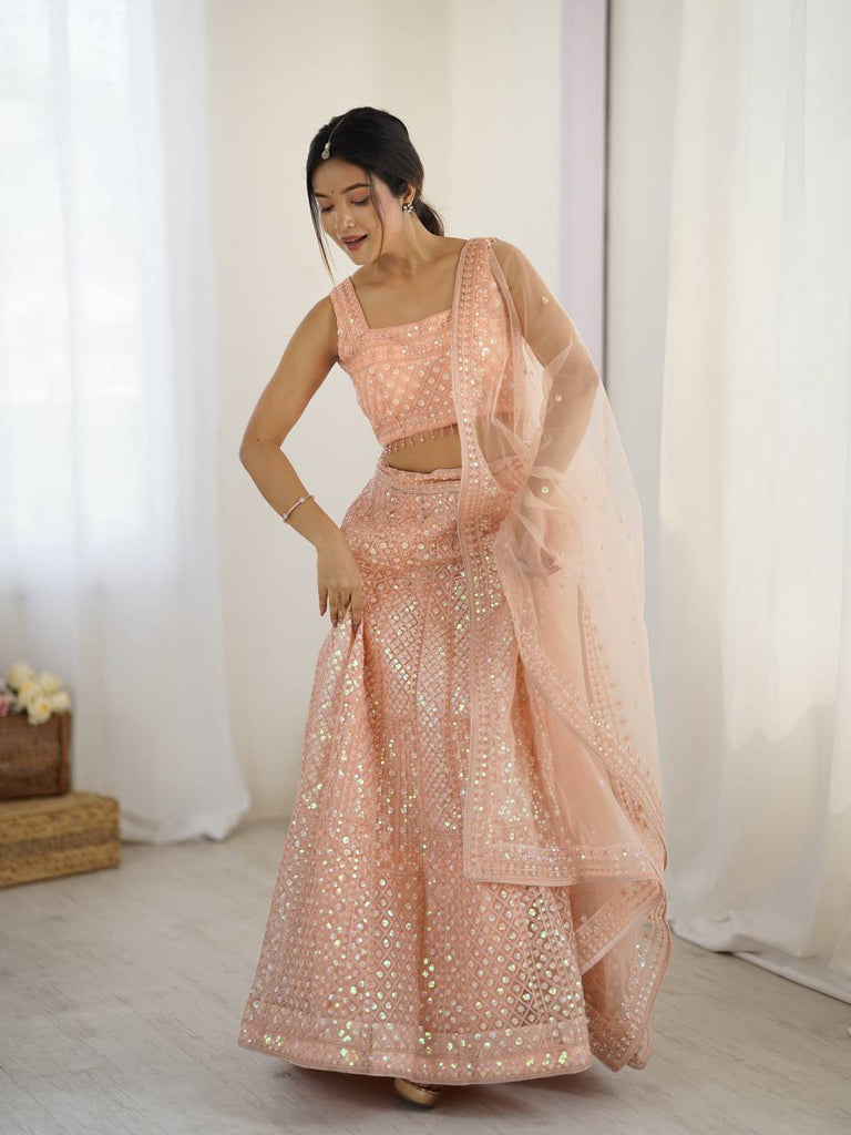 Peach Rainbow Sequins & Dori Embroidered Net Lehenga Set with Tassel Border – 3.5 Meter Flair ClothsVilla