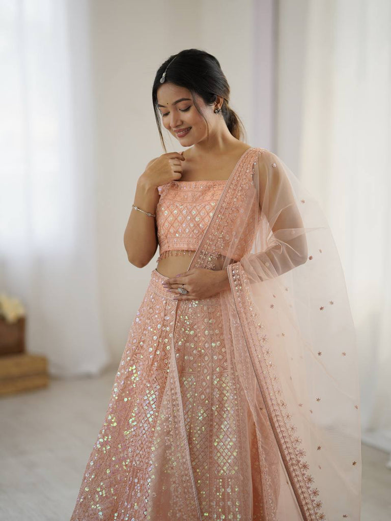 Peach Rainbow Sequins & Dori Embroidered Net Lehenga Set with Tassel Border – 3.5 Meter Flair ClothsVilla