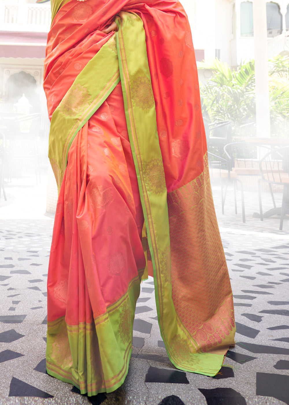 Peach Regal Banarasi Silk Saree – Vintage Elegance with Intricate Detailing ClothsVilla