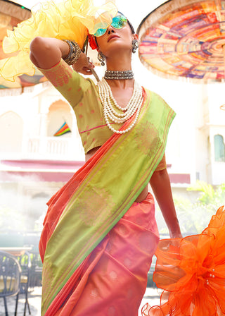Peach Regal Banarasi Silk Saree – Vintage Elegance with Intricate Detailing ClothsVilla