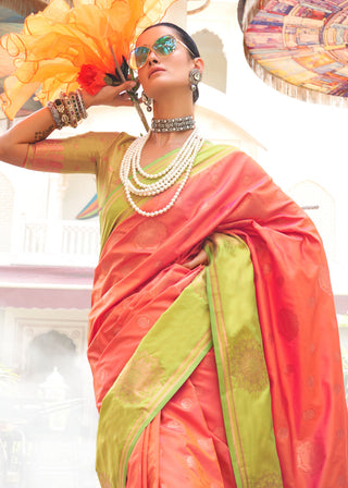 Peach Regal Banarasi Silk Saree – Vintage Elegance with Intricate Detailing ClothsVilla