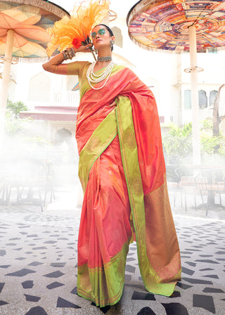 Peach Regal Banarasi Silk Saree – Vintage Elegance with Intricate Detailing ClothsVilla