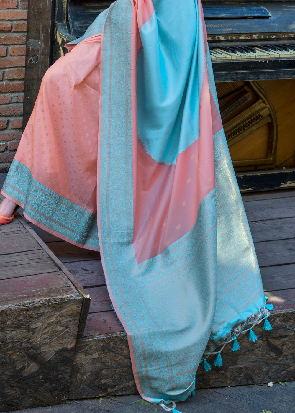 Peach Regal Banarasi Soft Silk Saree with Intricate Timeless Design & Blouse Piece ClothsVilla