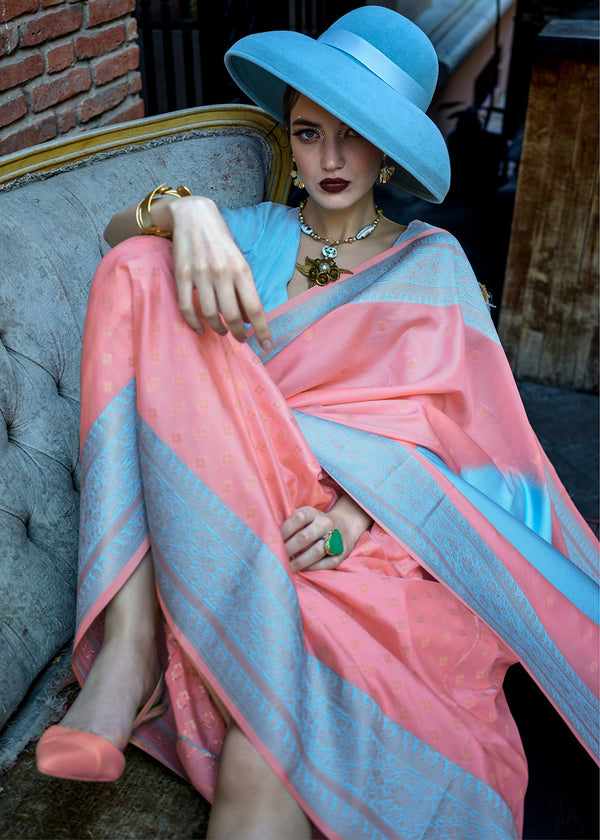 Peach Regal Banarasi Soft Silk Saree with Intricate Timeless Design & Blouse Piece ClothsVilla