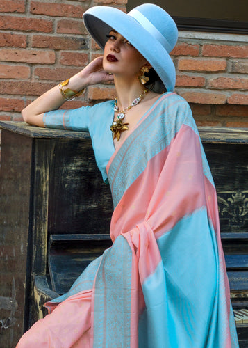 Peach Regal Banarasi Soft Silk Saree with Intricate Timeless Design & Blouse Piece ClothsVilla